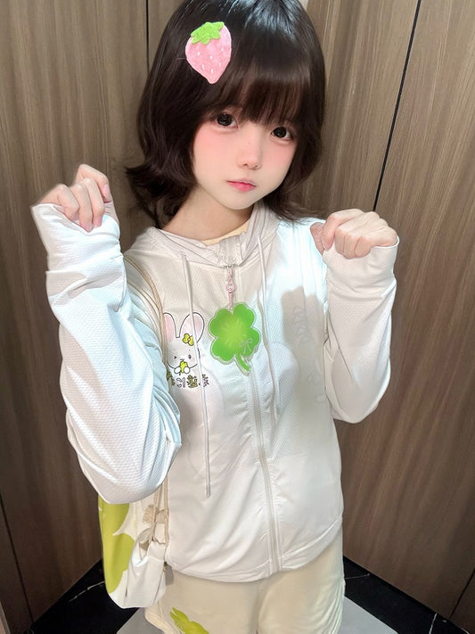 Jacket Charm White Bunny Print Sun with Leaf Clover Four Protection Hoodie