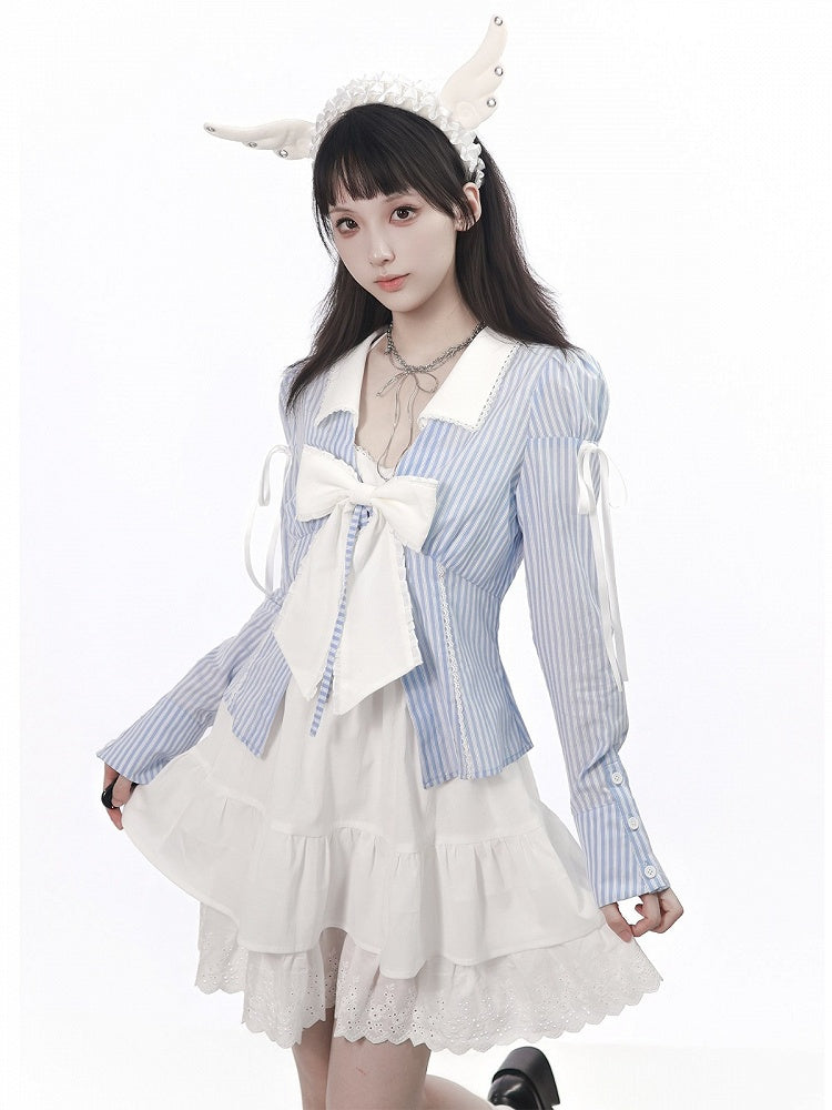 Sky Blue Embroidered Stripe Blouse with Lace Collar and Music Motif - PINK SAVIOR