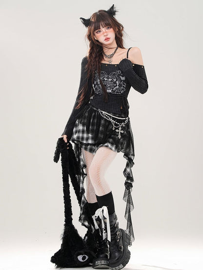 ブラック/グレー ドローストリングウエスト アシンメトリーネックライン グラフィックトップ