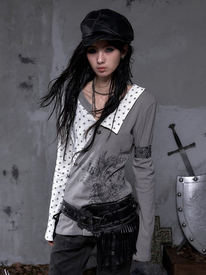 Gray Motif Y2K Gothic Sleeve Vintage Punk Knit Print Heart Top with Star