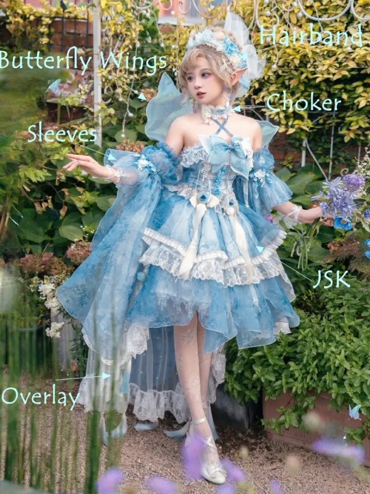 Volles Prinzessinnen-Blumen-Schmetterlings-Set-Design, blaues JSK Fairycore-Lolita-Kleid