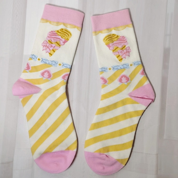 Sweet Lolita Striped Calf Socks with Bowknots in Pink and Yellow