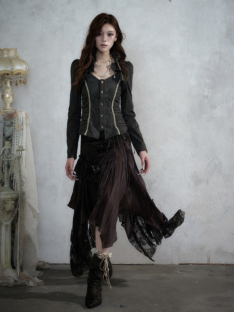 Rococo Punk Army Green Faux Two-Piece Long Sleeve Blouse with Lace and Ruffle Accents - NO ROMANCE