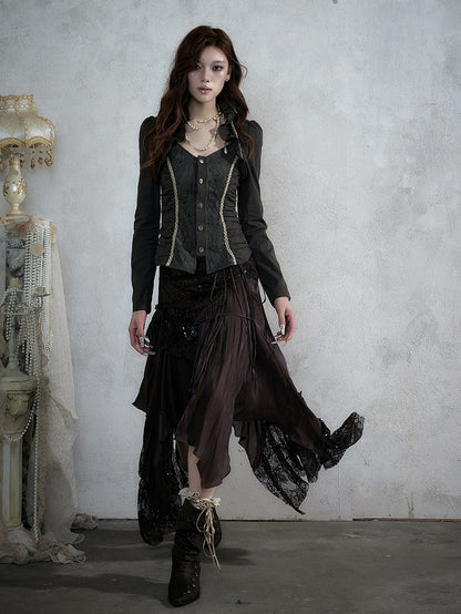 Rococo Punk Army Green Faux Two-Piece Long Sleeve Blouse with Lace and Ruffle Accents - NO ROMANCE