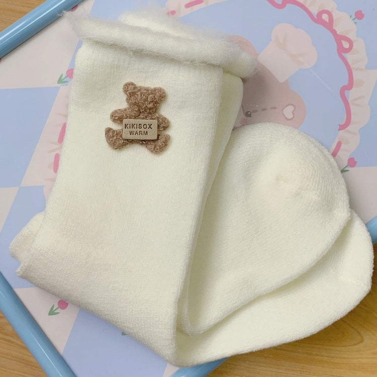White Cuffed Kawaii Socks Bear Daily Decor Winter with