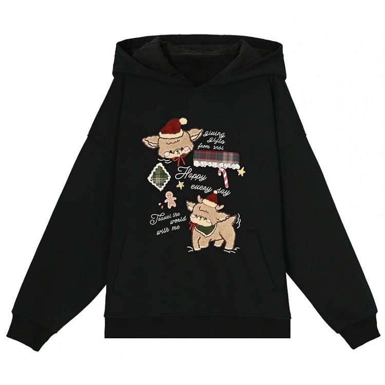 Black Cute Reindeer Appliques Thick Hoodie
