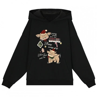 Black Cute Reindeer Appliques Thick Hoodie