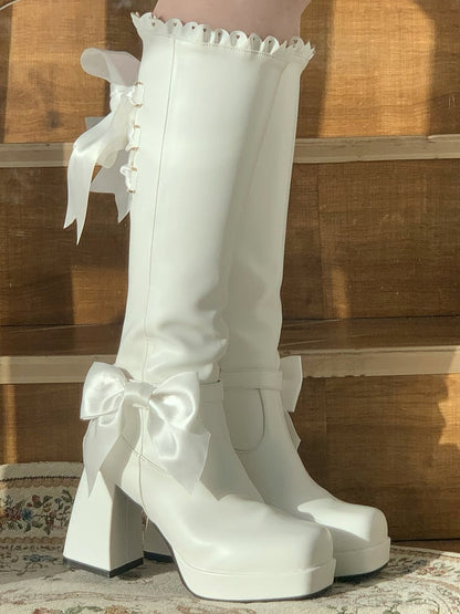 Boots Knee-high Lolita Elegant Heel Trim White 9cm PU with Scalloped