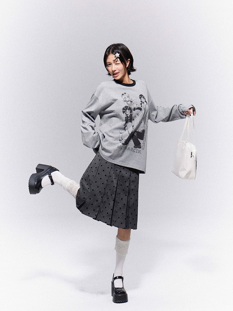 Belt Skirt Knee-Length Dots with Box Pleat Black Preppy Gray Polka Loops