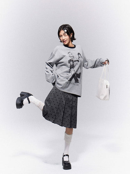 Belt Skirt Knee-Length Dots with Box Pleat Black Preppy Gray Polka Loops