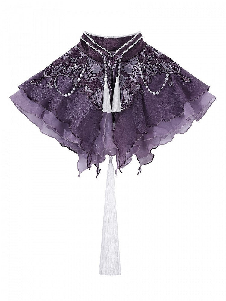 Purple Ruffled Lolita Capelet with Floral Embroidery and Tassel Details - Xiong Dou Jiang