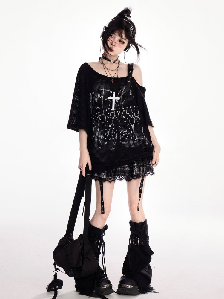 Y2K Schwarzes, asymmetrisches T-Shirt mit Sternträgern und Bittersüß