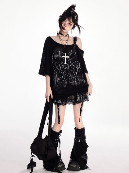 Y2K Schwarzes, asymmetrisches T-Shirt mit Sternträgern und Bittersüß