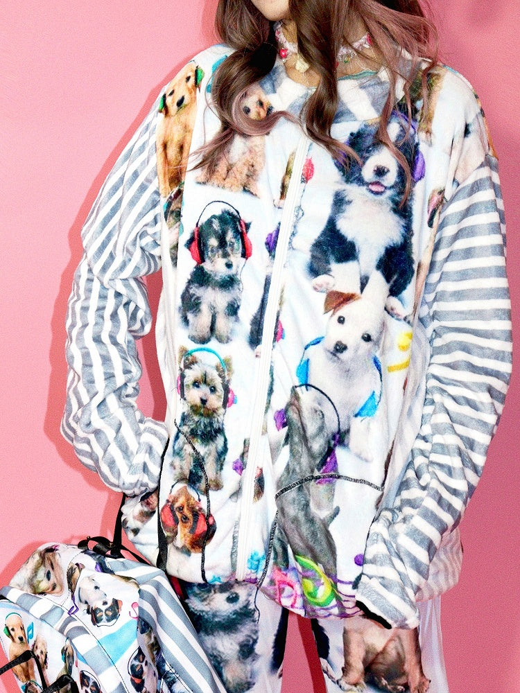 Print Puppy Gyaru Fashion Striped Pattern White Jacket