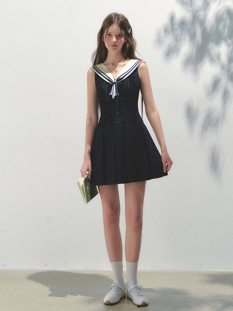 Blue Collar with Pleated Kawaii Detachable Dress Navy Sailor Style