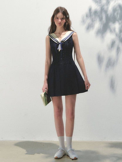 Blue Collar with Pleated Kawaii Detachable Dress Navy Sailor Style