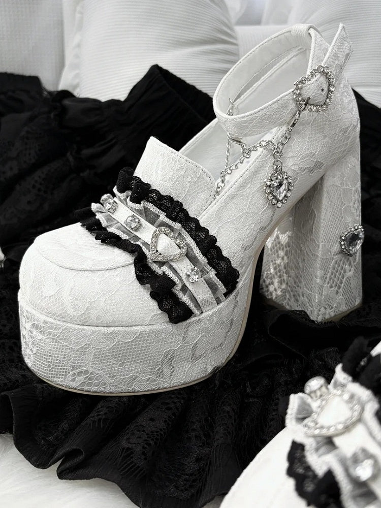 Platform Heels: 12cm White Heart Lace with Kei Jirai Rhinestone