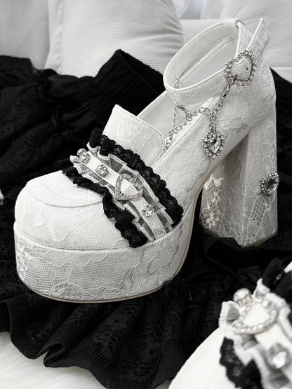 Platform Heels: 12cm White Heart Lace with Kei Jirai Rhinestone