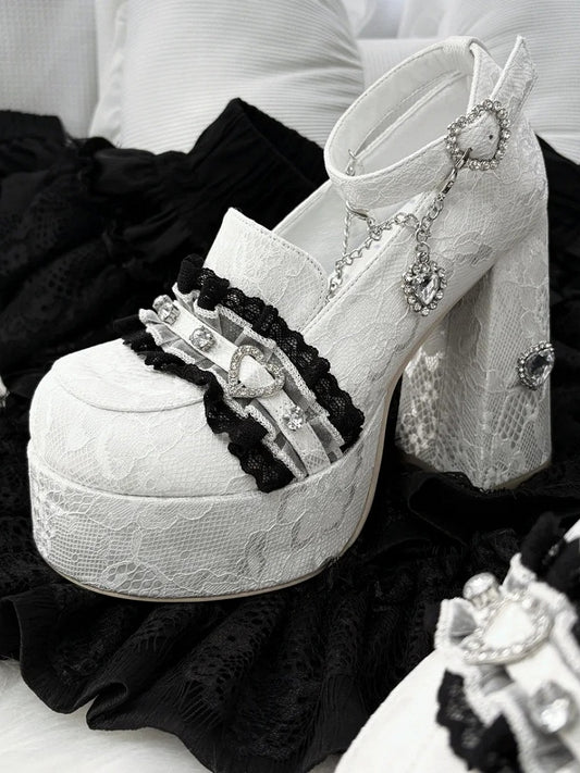 Platform Heels: 12cm White Heart Lace with Kei Jirai Rhinestone