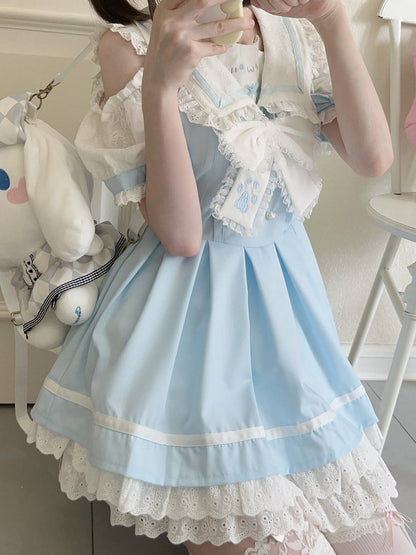 Trim Collar Blue Sailor Lace Daily Shoulder Cutout Kawaii Dress White with Design
