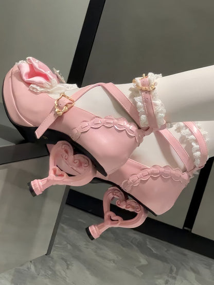 High Lolita Bow Lace Pink Heels Hime Trim Crystal Bead - with