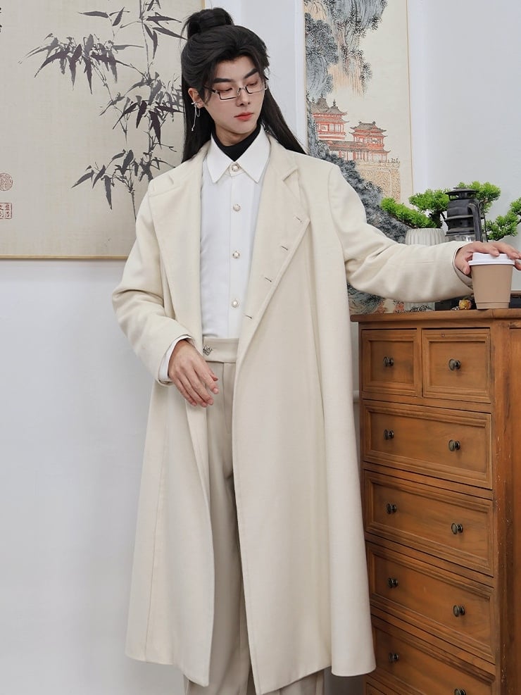 in Style Beige Chinese Coat Vent Design Unisex Front Buttoned Scarf Side Set with
