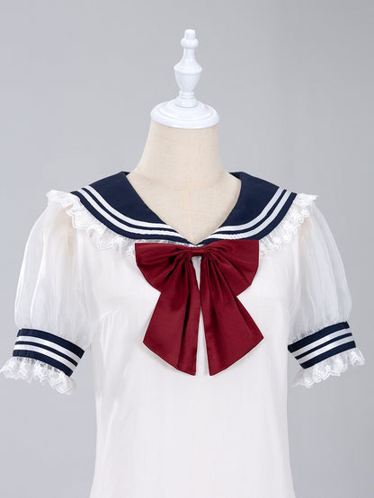 Summer Sailor Collar Short Sleeves Blouse with Red Bowtie - Jirai Kei Snow White Vibes - DevilInspired Exclusive Collection