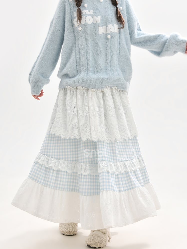 Blau-weißer Mori Kei-Rock mit hoher Taille und Patchwork-Karomuster