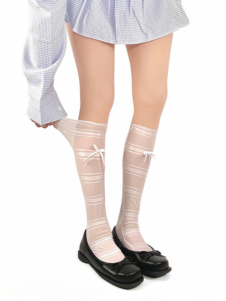 White/Beige Decorated Bowknot Ballet-Style Socks Thin Calf