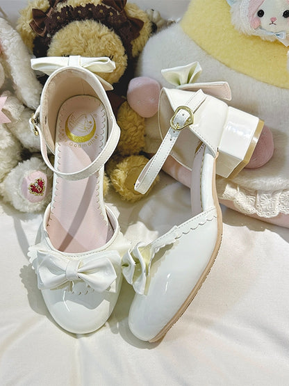 Lolita Sandals - Low PU with Bow Leather White Elegant Heel Accent