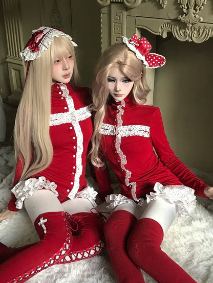 Front Polka Ruffled White Sleeves Red Gothic High-Neck - Top Christmas Cross Dot Button Long
