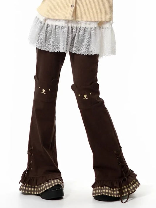 Silhouette Design Brown Details Bear - Pants Hem Lace-Up Flare Motif Tiered with