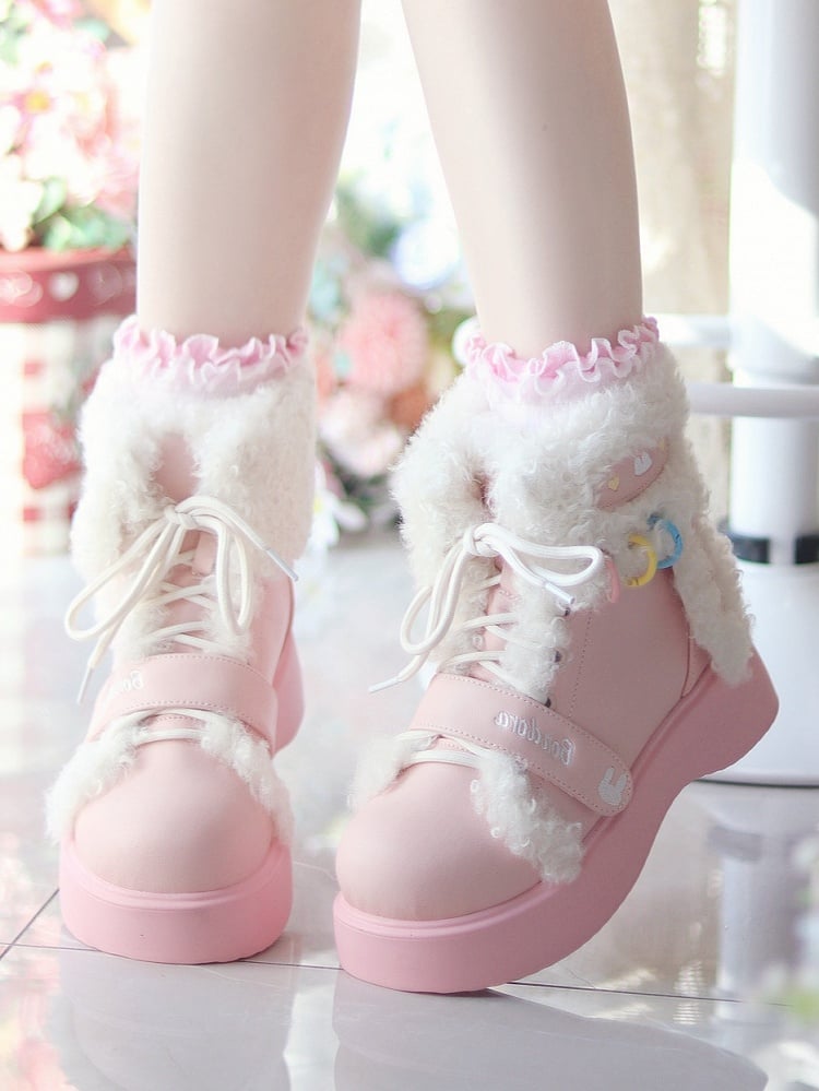 Boots - Bunny Ears Velcro Dual Sweet Lolita Lace Pink Platform Ankle with Plush Design
