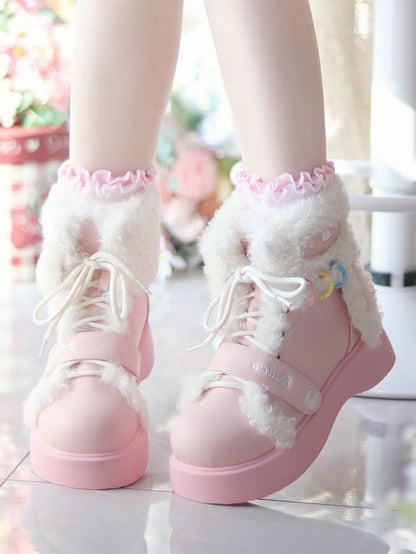 Boots - Bunny Ears Velcro Dual Sweet Lolita Lace Pink Platform Ankle with Plush Design