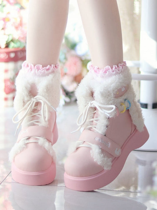 Boots - Bunny Ears Velcro Dual Sweet Lolita Lace Pink Platform Ankle with Plush Design