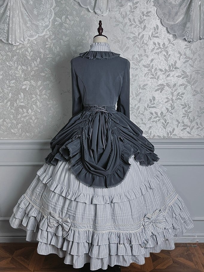 Lolita Blouse Badge Bolero Striped Classic + Gray Skirt Set Boned Hat Elegant Top Full