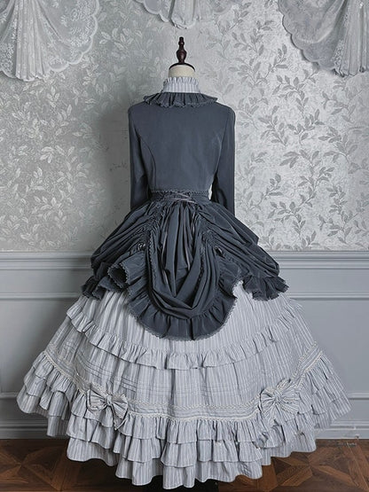 Lolita Blouse Badge Bolero Striped Classic + Gray Skirt Set Boned Hat Elegant Top Full