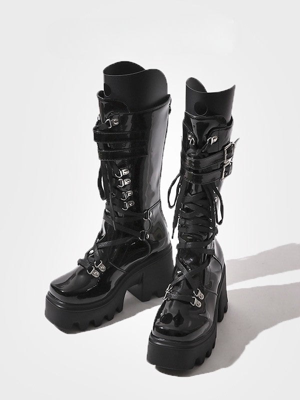Black Mid-Calf Lace-Up Tongue - Straps Boots Gothic with Design Buckle Chunky Cutout Circle