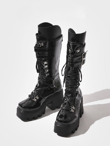 Black Mid-Calf Lace-Up Tongue - Straps Boots Gothic with Design Buckle Chunky Cutout Circle