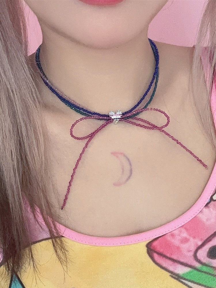 Design Choker Decorated Beaded Bowknot Colorful Heart Y2K