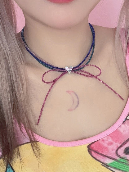 Design Choker Decorated Beaded Bowknot Colorful Heart Y2K