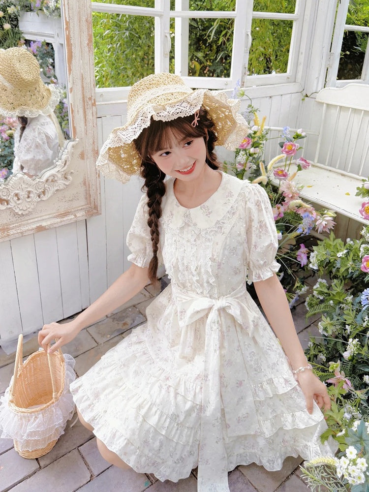 Bow Floral Dress White Peter Pan Collar Self-tie Waist Sweet