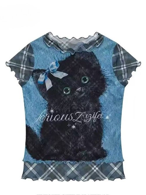 Plaid und Muster Bittersüß gerollt Druck Buchstabe Katze Y2K blau