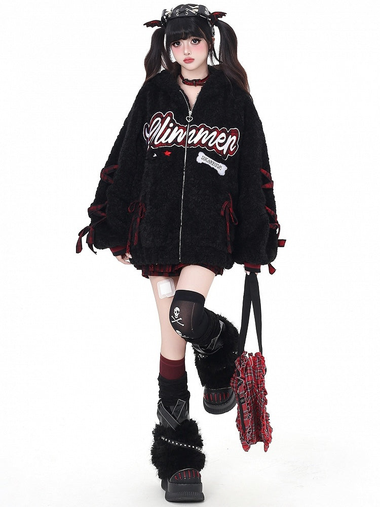 - Letter Jacket Black/ Gray Daily Hooded Kawaii Plush Pattern