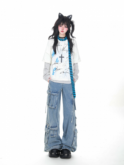 Vibe Long Faux Top Punk Sleeve Two-Piece Striped Sleeves with White/Black