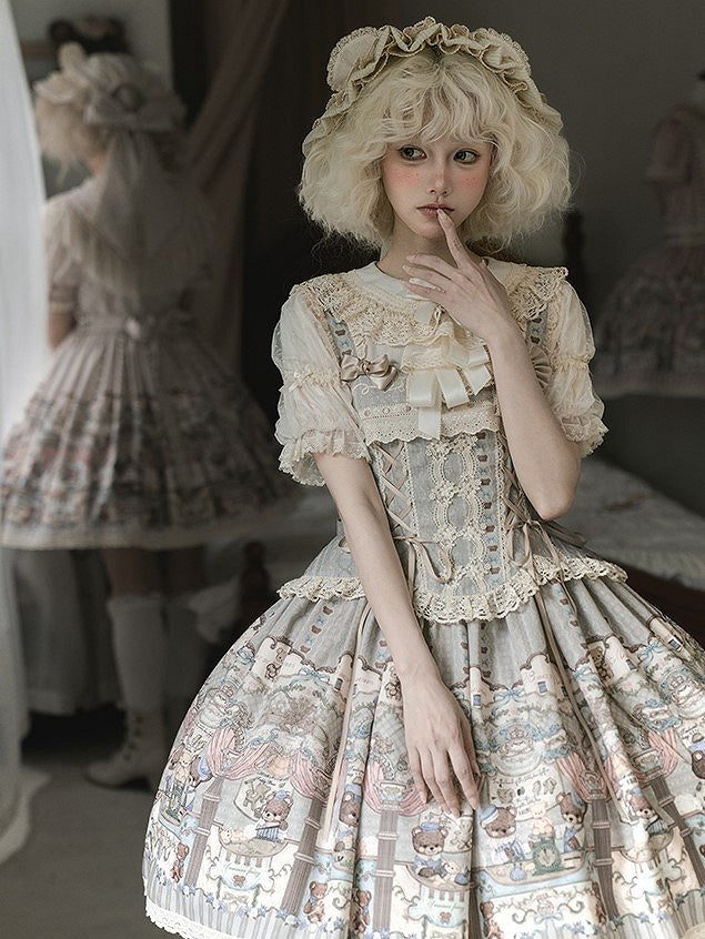 Beige Neckline with Blouse Lace-Trimmed Puff Sleeves