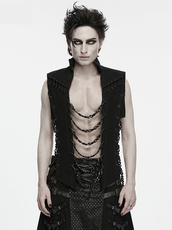 Abyss Chain Stand-Collar Black Men's Punk Vest - Punk Rave