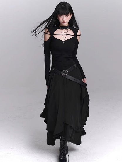 ブラックフロントボタンプラケットアシンメトリーヘムスカート