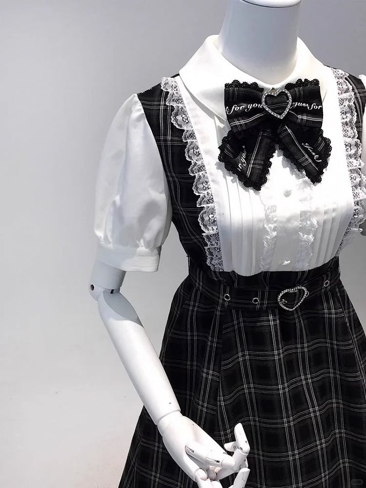 Faux Black Tie Design Jirai Detachable Two-Piece Dress Belt Heart Buckle Bow with Plaid Kei