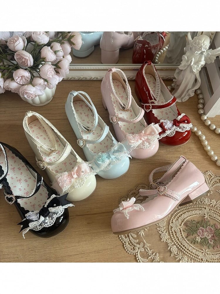 Elegant Lace Bow Round Toe Pumps - 2.5cm Low Heels - Blossoms